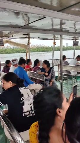 The video shows the interior of a ferry with people sitting on benches. The ferry is moving on water, with trees and buildings visible on the shore in the distance. The weather appears to be overcast. One person in the foreground is holding up a phone, possibly to take a picture or record a video. The people are dressed casually. The ferry appears to be a passenger ferry.