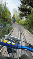 Dirt bikers ride through wooded areas near St. Petersburg