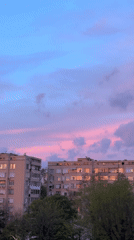 Sunset captured over Yambol apartment buildings in Bulgaria