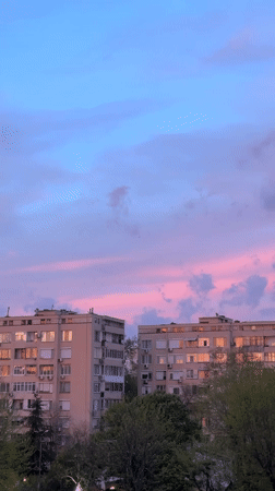 Sunset captured over Yambol apartment buildings in Bulgaria