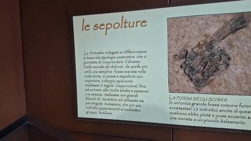 The video shows a close-up of a museum exhibit with text and images about ancient burials. The exhibit has a light-colored background and a darker brown frame. The text is in Italian. On the left side, there is a description of different types of burials, including simple pits, burials with tile coverings, and burials in stone chambers. The text discusses how these variations can help understand the social status of the deceased. An image of a fossilized skeletal remains, possibly of an animal, is displayed next to the text.

To the right, there is a section titled "LE FOSSA DEGLI SCHIAVI" (The Slave Pit). This section describes a common pit where 13 individuals were buried, with some found with coins and small balsamaries. An image depicts the arrangement of these remains.

Further to the right, another section details "Le tombe alla cappuccina" (Capuchin Tombs), which are described as the most common in the Roman world. Images show how these tombs were constructed using tiles to form the burial place and the roof. The text also mentions that the bodies were covered with earth and sometimes accompanied by signs made of wood or tiles to indicate their position.

The video pans across the exhibit, showing the different sections and images. The overall environment appears to be a museum or an exhibition space, with muted lighting and a focus on the educational display.