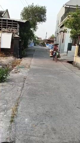 A person wearing a conical hat and traditional clothing rides a bicycle with a sidecar through a residential street. The sidecar is laden with various items, including bags and what appear to be fruits or vegetables. The street is paved and lined with houses and some greenery. The scene appears to be set during the daytime, possibly in the late afternoon, given the lighting.