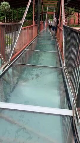 The video shows a scenic view of a glass-bottomed bridge over a flowing river. The bridge has a metal and red railing structure and is partially covered by a wooden roof. Two people are walking on the bridge, which offers a transparent view of the turquoise river below, surrounded by lush green mountains. The scene suggests a daytime setting with some clouds in the sky. The river appears to be quite strong, with visible currents. Further along the river, a large, multi-level wooden ship resembling a pirate ship is docked. The ship has multiple decks, masts with flags, and intricate wooden detailing, suggesting it might be a restaurant or tourist attraction. The overall mood is one of natural beauty and adventure. There is no visible text in the video.