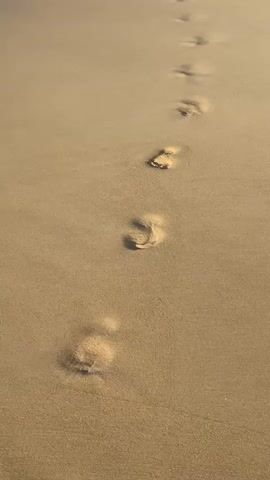 The video begins by showing footprints in the sand. The camera then pans to the ocean as a wave crashes onto the shore, covering the footprints with foam.