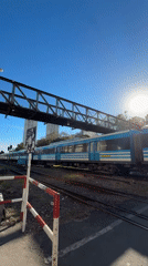Public train crosses Buenos Aires level crossing during evening
