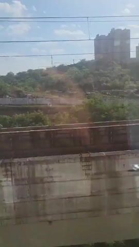 The video shows a view from a moving train. The foreground consists of a concrete bridge structure and lush green trees below. In the background, there is a hillside covered in greenery and some buildings on top of it. The sky is light blue with some clouds. The camera is positioned inside the train, looking out of the window. The lighting is bright, and the sun is visible.