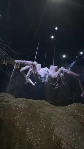 The video shows a large, fuzzy spider prop suspended by wires in a dark, enclosed space. The spider is positioned above large, textured rocks and what appear to be artificial tree trunks. The camera pans across the scene, giving a low-angle view of the prop and its surroundings. Lights are visible in the background, illuminating parts of the environment.