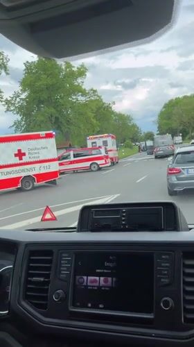 Emergency vehicles block road in Thedinghausen, Germany
