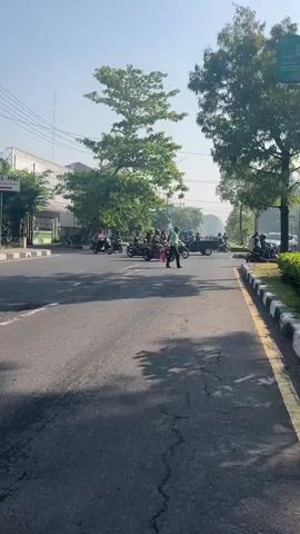 The video captures an outdoor scene on a paved road under a clear sky, suggesting daytime. Several motorcycles are present, with some riders visible. A person dressed in a light-colored, possibly fluorescent, vest is standing in the middle of the road, appearing to direct traffic or manage the motorcycles. The road shows some wear and tear, with visible cracks in the asphalt. Trees line the right side of the road, providing shade. In the background, more vehicles, including a car and a three-wheeled vehicle, are observable, as well as buildings and utility poles. The overall impression is of a busy road or intersection with ongoing activity.