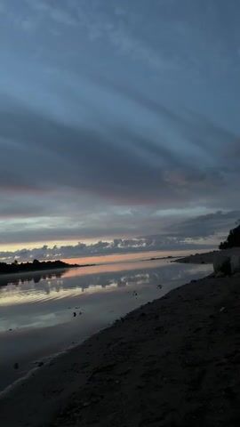 A video shows a sunrise over a body of water. The sky is filled with streaks of gray, purple, and pink clouds. The water reflects the sky, creating a beautiful mirrored image. A dark shoreline with sand is visible in the foreground. Trees are silhouetted against the horizon on the far side of the water. The video captures the calm and peaceful transition from night to day.