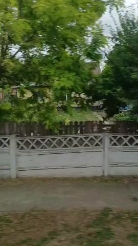 The video shows a moving shot of residential houses with various fences and gates. The first scene displays a red gate and a gray concrete fence with houses and trees in the background. Then, the camera pans to show a blue garage door, a red gate, and a black metal gate, with a trailer parked in front. The next shot reveals a black gate and houses with red tiled roofs. Subsequently, the video shows a brown wooden fence, a white fence, a tree, a bench, and a parked blue car. Finally, the camera moves past a line of trees and shows the top of a silver car.