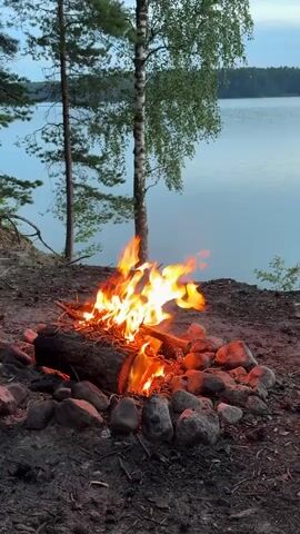 A campfire burns brightly near a lake. The fire is in a ring of stones. A log is in the center of the fire. There are trees behind the fire. The lake is calm and reflects the sky.
