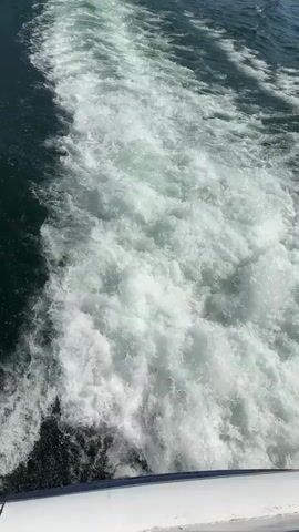 The video shows the wake of a boat as it moves across a lake on a sunny day. The water is a deep turquoise color, and the wake is white and foamy. In the distance, a hillside is visible, covered with green trees and houses. The sky is blue with a few scattered clouds. The camera is positioned at the back of the boat, looking out over the wake.