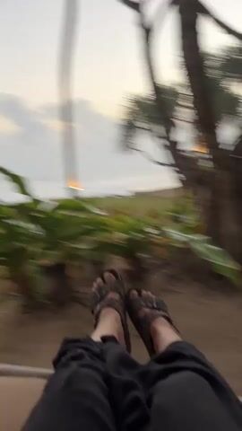 The video begins with a close-up shot of a person's legs and feet, wearing black pants and leopard-print sandals, lying on what appears to be a hammock or a lounge chair. The camera is positioned to look down at the person's feet. The background is blurred due to motion, suggesting the hammock is swinging or the camera is moving.

The scene pans across a tropical environment. In the initial frames, lush green plants and palm trees are visible, along with a blurred building that looks like a resort or hotel. As the video progresses, the background changes to reveal a sandy beach, the ocean with gentle waves, and lounge chairs set up on the sand. The sky is overcast with soft clouds, indicating it might be early morning or late evening. The overall impression is a relaxing scene at a beach resort.