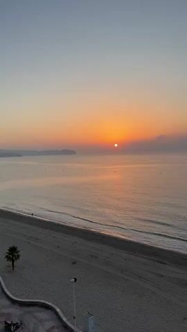 The video shows a sunrise over a beach. The sun is low on the horizon, casting a warm orange glow across the sky and water. Gentle waves lap at the shore, and the sand is mostly empty except for a few scattered people and a lifeguard stand. A palm tree stands on the left side of the frame. The overall scene is peaceful and serene.