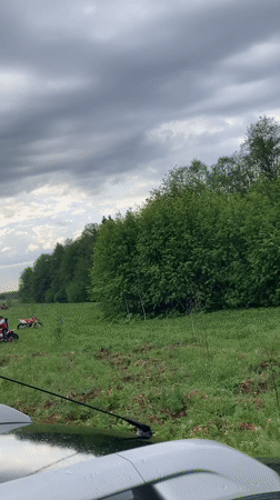 Early morning motorcycle gathering in Russian field draws riders, spectators