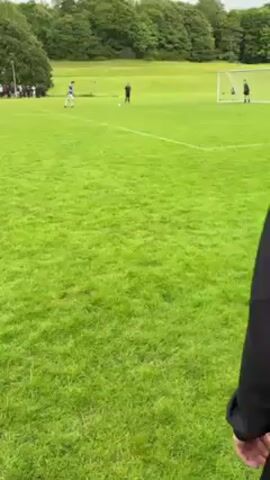 Here is a concise description of the scene in the video:

The video shows a soccer field with a penalty kick being taken. A player in a blue and white jersey is taking the kick against a goalie. The ball goes into the net, and people in the background cheer. The scene is filmed from the sidelines of the field with trees in the background.
