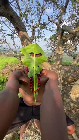 A person's torso is visible, from the chest down to the thighs, as they hold a large green leaf in front of their face, obscuring it. The leaf has two eye-shaped holes cut into it. The person is wearing a red and black beaded necklace. They are outdoors, with trees and foliage around them, and a blurred landscape in the background under a bright sky. The perspective is close-up and low-angle, focusing on the person and the leaf.