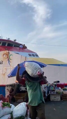The video opens with a medium shot of a man carrying a large, white, plastic-wrapped bundle on his shoulders, with a dark blue and yellow umbrella over his head. He is wearing a green t-shirt and dark pants. In the background, a large ferry with the words "Wonderful Indonesia" is docked. The ferry is white with red and blue accents. Several people are visible on the upper deck of the ferry. In the foreground, there are several large bags of produce, some red and some white, stacked on the ground. A person is sitting next to a market stall laden with various goods, including fruits and vegetables. The environment appears to be a port or market area with a body of water visible. The lighting suggests it is late afternoon or early evening. The man with the bundle walks forward, and the camera follows him. He passes by the market stall and continues to walk. The scene is bustling with activity. Another person, a young boy, is seen in the mid-ground, holding up a smartphone as if taking a picture. The overall impression is of a busy port scene with a focus on the labor involved in transporting goods.