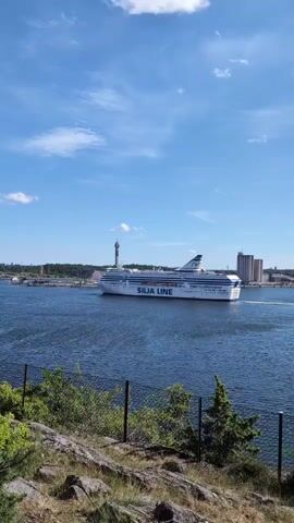 A large white passenger ferry with "SILJA LINE" written on its side sails across a body of water. The ferry has multiple decks and a tall superstructure. In the background, a city skyline is visible, with several buildings and a tall tower, possibly a lighthouse or observation tower. The scene is set against a bright blue sky with scattered white clouds. The foreground features a rocky, overgrown embankment with green bushes and trees, separated from the water by a wire fence. The sun is shining, suggesting it is daytime. The overall atmosphere appears peaceful and scenic, characteristic of a summer day.