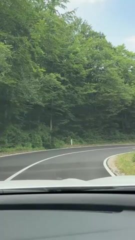 The video shows a view from inside a vehicle driving on a paved road that curves to the right. The road is bordered by dense green trees on both sides, with a grassy slope on the left. The sky is partly cloudy. There are white road markers on the side of the road.