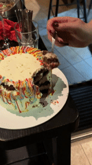 Partially eaten rainbow-decorated chocolate cake observed in Belgrade