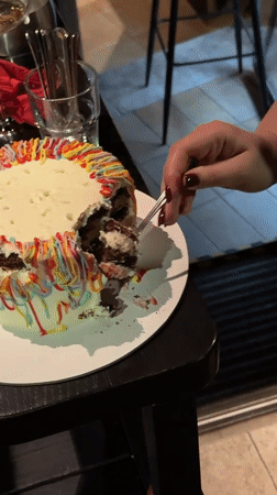 Partially eaten rainbow-decorated chocolate cake observed in Belgrade