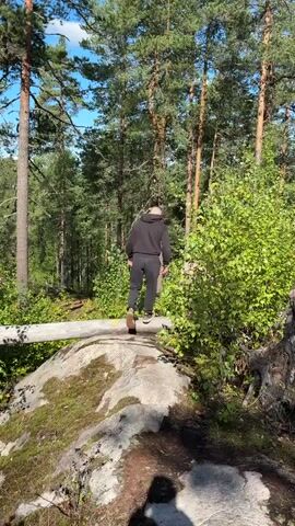 A person wearing a black hooded sweatshirt and black pants walks across a fallen tree trunk that is resting on large moss-covered rocks in a forest. Tall green trees with some visible blue sky are in the background. The camera appears to be filming from ground level, with a shadow of the person holding the camera visible in the lower portion of the frame.