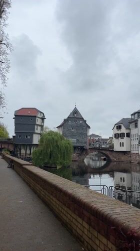 Urban river scene photographed in Bad Kreuznach, Germany