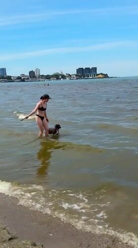 Woman plays fetch with dog at Anapa beach Sunday morning