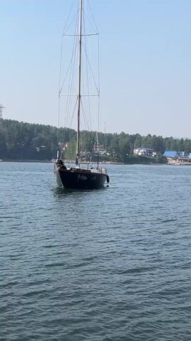 A black sailboat with a tall mast is on calm blue water. The boat has a name written on its side in white. There are people visible on the deck of the boat. In the background, there is a lush green tree line with some houses and buildings scattered among the trees. The sky is clear and blue. The scene appears to be a sunny day on a lake or calm sea.
