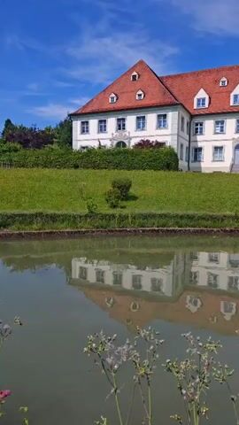A building with a red tile roof and white walls is reflected in a body of water. The building has multiple windows and dormer windows. The water is calm and reflects the building and the sky. There are green grassy slopes leading up to the building, with some trees and bushes. In the foreground of the water, there are some plants with white flowers. The sky is blue with some white clouds.