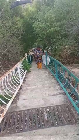 Two people walk down the steps of a bridge. The bridge has white and green railings. There is a grate at the bottom of the steps. Green trees and shrubs are in the background. The person in the foreground is wearing a patterned shirt and yellow pants. The camera is positioned at the top of the bridge looking down.