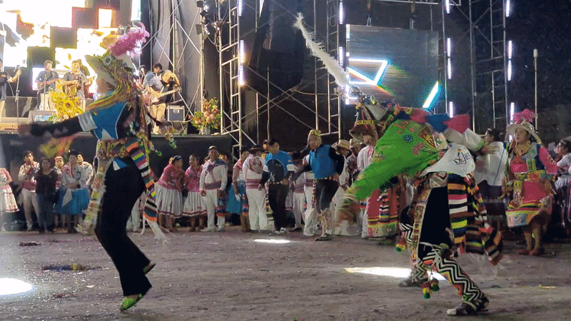 Traditional Andean dancers perform for gathered crowd in Tacna