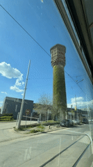Water tower filmed from tram in Sofia Bulgaria