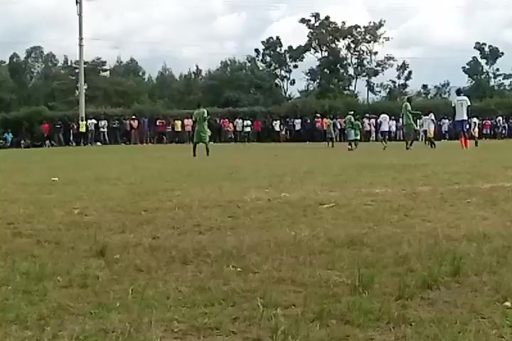 A soccer game is being played on a grass field. A crowd of people stands along the sidelines watching the game. The players are wearing green and white uniforms. The sky is overcast and there are trees in the background.