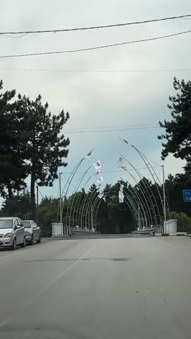 The video captures a forward-facing view from inside a moving vehicle on an asphalt road leading onto a bridge. The bridge is adorned with a series of white metal arches spanning the roadway, from which multiple white flags with red logos are suspended and flutter in the wind. Green trees line both sides of the road and extend into the background. A blue road sign displaying Georgian text and "riv. S" is visible on the right. A light-colored sedan is parked on the left side of the road near the bridge entrance. The sky above is cloudy. Sounds of human speech are audible.