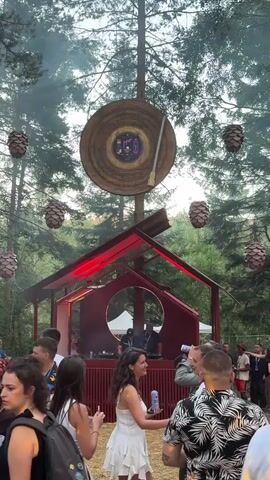 The video displays an outdoor gathering in a forest setting, possibly a festival or party. In the center, a small, open-sided red structure serves as a DJ booth, with two DJs visible behind turntables. Red lights illuminate the top of the structure. Above the booth, suspended from a tall tree, is a large, circular wooden disc resembling a vinyl record with a turntable arm. Several large, cone-shaped decorations hang from trees around the scene. A crowd of people, dressed casually, are gathered around the DJ booth, with some dancing and interacting. The ground appears to be covered in dirt and wood chips. The overall atmosphere suggests a lively, outdoor event.