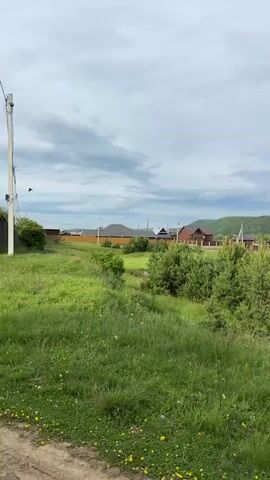 The video is a vertical, outdoor shot of a rural landscape on an overcast day. The foreground is dominated by lush green grass and several small evergreen trees. In the middle ground, a cluster of trees and bushes separates the viewer from a collection of houses with wooden fences. Beyond the houses, a body of water, likely a lake or a wide river, stretches across the frame, bordered by a distant treeline and hills. The sky is filled with dramatic, dark clouds, suggesting an approaching storm. The overall impression is one of natural beauty and a quiet, secluded settlement.