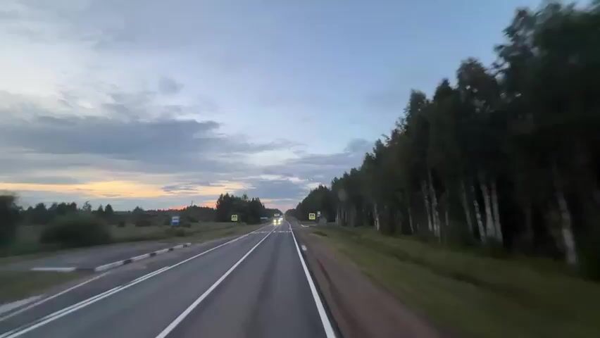 The video shows a first-person view of a car driving on a road at dusk. The road has white lines marking the lanes, and there are yellow pedestrian crossing signs visible on both sides of the road. On the right side of the road, there is a dense forest. On the left side, there are fields and trees. Several other vehicles, including cars and a truck, are visible on the road ahead, some with their headlights on. The sky is cloudy with hints of orange and pink from the setting sun.