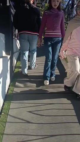 The video shows several people walking on a wooden pathway. In the foreground, a young girl with long brown hair is walking away from the camera, wearing a pink sweater and blue jeans. To her left, a person in a black jacket and blue jeans is walking away from the camera. Behind them, several other people are walking in the same direction, some of whom are partially visible. The pathway is bordered by a black railing on the left and green grass on the right. Above the pathway, there is a structure with a mirror hanging from it, reflecting the scene. The lighting suggests it is daytime, with shadows cast on the pathway. The overall environment appears to be an outdoor area, possibly a park or a tourist attraction.