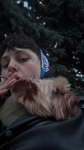 Person poses with Yorkshire Terrier during outdoor photoshoot in Voronezh
