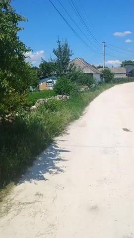 A dirt road curves to the right under a bright blue sky with scattered white clouds. On the left side of the road, there is a stone wall topped with green grass and bushes. Behind the wall, houses with tiled roofs are visible, surrounded by trees and foliage. Utility lines and poles run along the right side of the road. The sun casts shadows on the road, indicating it is daytime. There are no people or vehicles visible in the frame.
