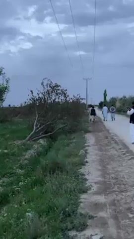 The video captures a brief, shaky, first-person perspective shot of an unpaved road in what appears to be a rural or semi-rural setting, consistent with the context of Qila Saifullah, Pakistan. The scene is dominated by a dusty or dirt track stretching into the distance, bordered on its left by unkempt green grass and wild foliage. Further back on the left, a denser patch of tall, dry-looking vegetation, possibly reeds or bushes, rises against the horizon.

The sky is uniformly overcast, suggesting a cloudy day, potentially early morning or late afternoon, rather than bright midday sun. In the mid-ground and distance on the road, several human figures are visible, appearing as adults. They are moving away from the camera's perspective, either walking or cycling. One individual is slightly more distinct, leading the group which becomes increasingly indistinct further down the road. A faint utility pole or similar slender structure can be seen far in the background on the right side.

The primary activity depicted is the forward movement of the camera, implying the viewer is walking or being driven slowly along this uneven path. Concurrently, other people are seen traversing the same route. The overall atmosphere is neutral, depicting a mundane moment in a natural, undeveloped environment. No specific emotions are discernible, and no text is visible within the frame.