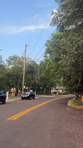 The video shows a street scene with a black car parked on the left side. A person is running on the road ahead, moving away from the camera. The road is paved and has double yellow lines in the center. Trees and houses are visible on both sides of the street. Overhead power lines are strung between utility poles. The sky is blue with some clouds.