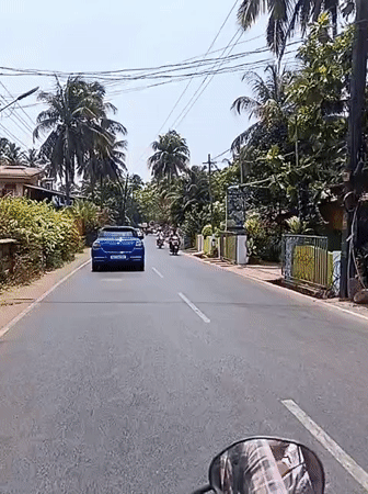 Morning motorcycle ride through palm-lined streets in Marna, India