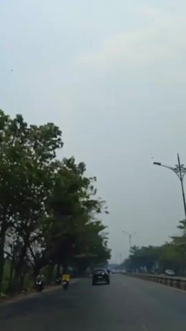 The video shows a view from inside a vehicle traveling on a multi-lane road. On the left side of the road, there are several trees, a sidewalk, and a few motorcycles parked. Further down the road, there are more trees lining the median and the right side of the road. The sky is overcast. Several cars are visible on the road ahead. The vehicle appears to be moving at a moderate speed.