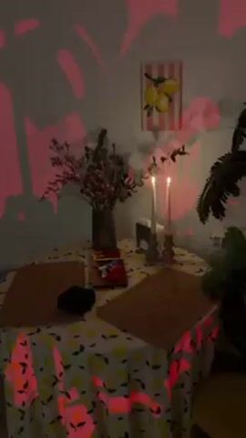The video shows a dining table lit by two candles, covered with a tablecloth patterned with lemons and pink shapes. The table has two woven placemats, a vase of flowers, and some books. A lemon print hangs on the wall, which is also decorated with pink leaf-like shapes. A potted plant sits beside the table.