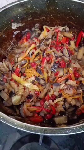 A close-up shot shows a pot filled with chopped vegetables, including eggplant, red peppers, and onions, being stirred. The ingredients are glistening with oil and appear to be sauteing. The camera is positioned directly above the pot, offering a top-down view of the cooking process. The pot is dark-colored with a speckled green interior, and it is resting on a stovetop.