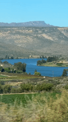 Agricultural landscape with lake filmed in Cederberg, South Africa